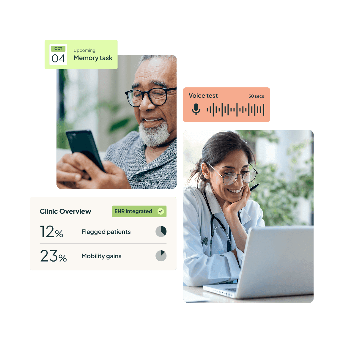 Kneu app interface showing memory task, voice test, and clinic overview screens