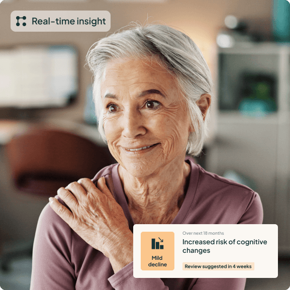 Elderly woman with a floating real-time insights UI overlay showing increased risk of cognitive changes